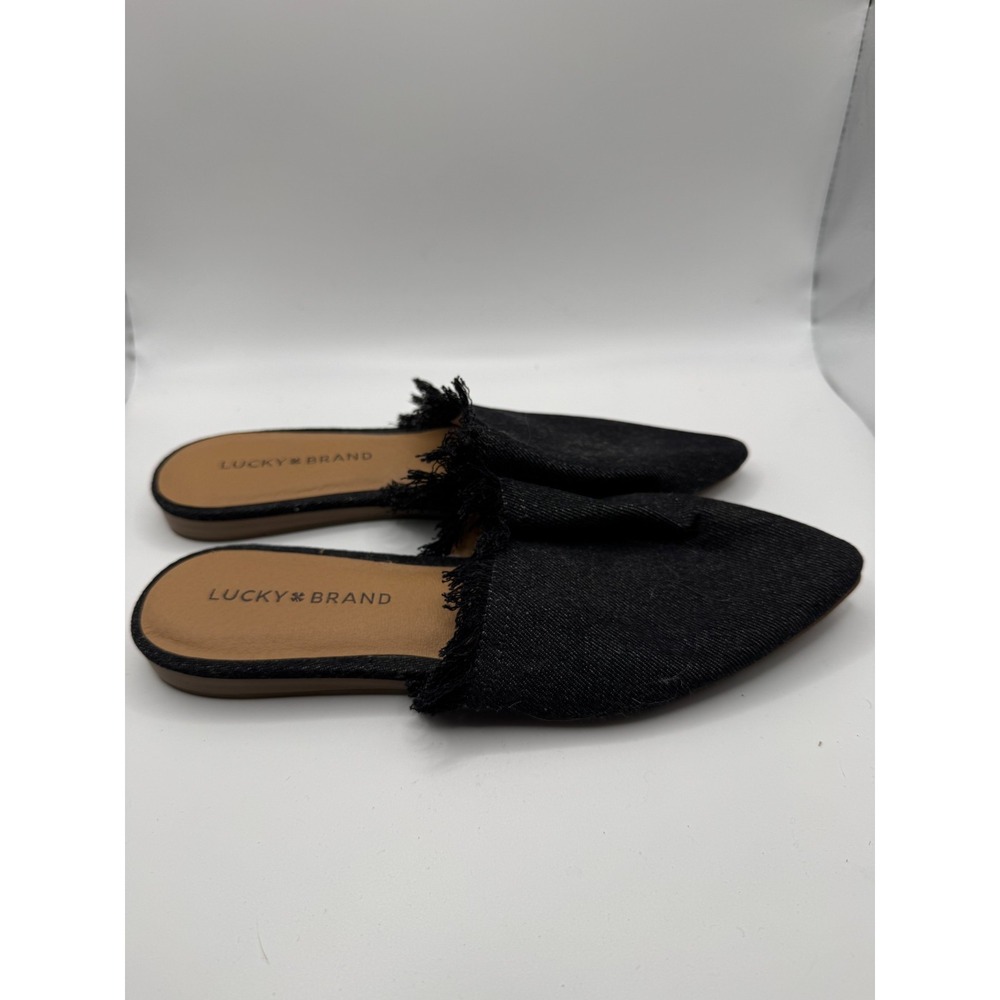 Lucky Brand Bapsee Womens US 7 M Comfort Shoes Black Denim Slip On Fringe Mule - Picture 2 of 6